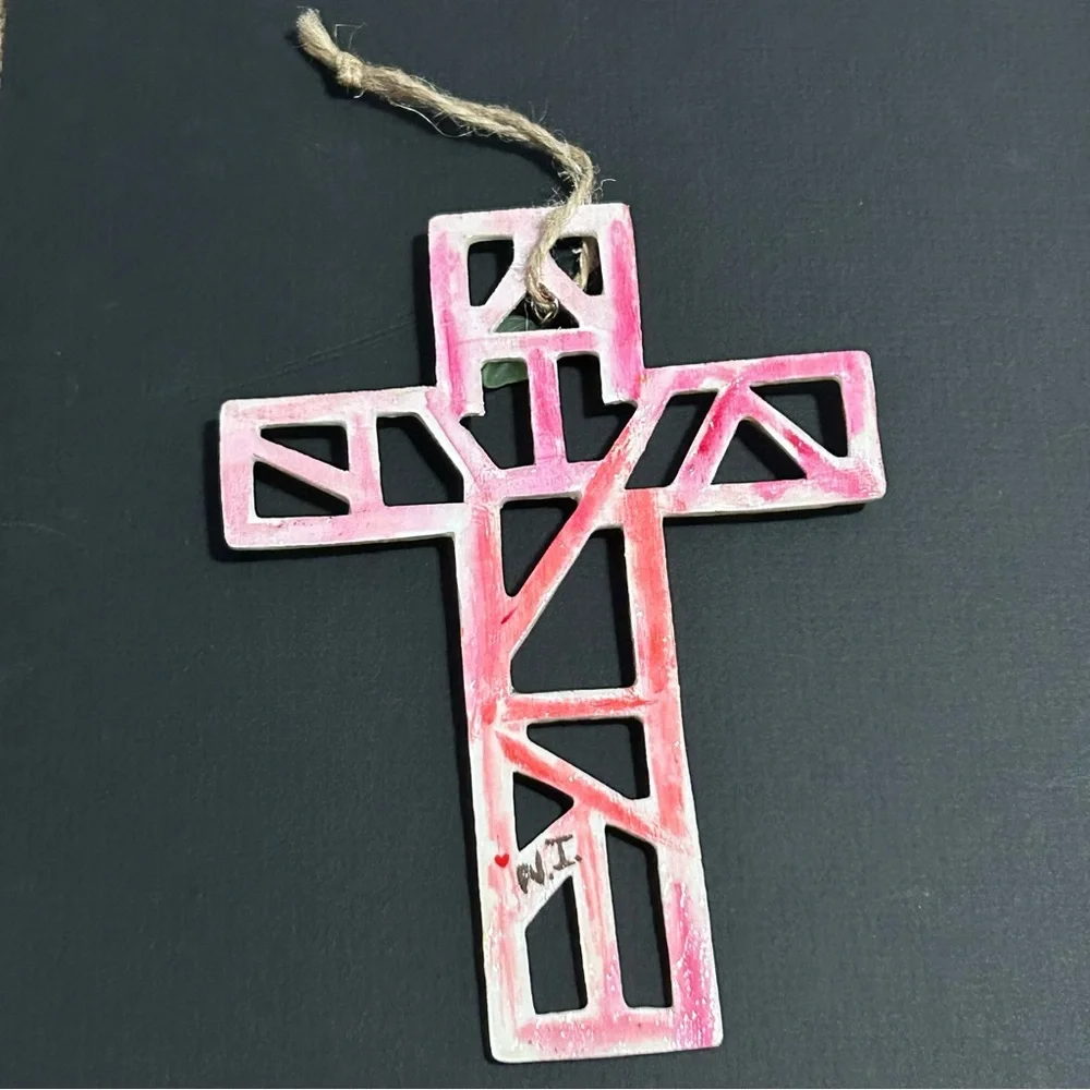 Hand Painted Cross Ornament Wooden Tropical Floral with Leaf Frosted Charm